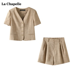 拉夏贝尔/La Chapelle短袖V领上衣短裤两件套女夏季新款时尚套装