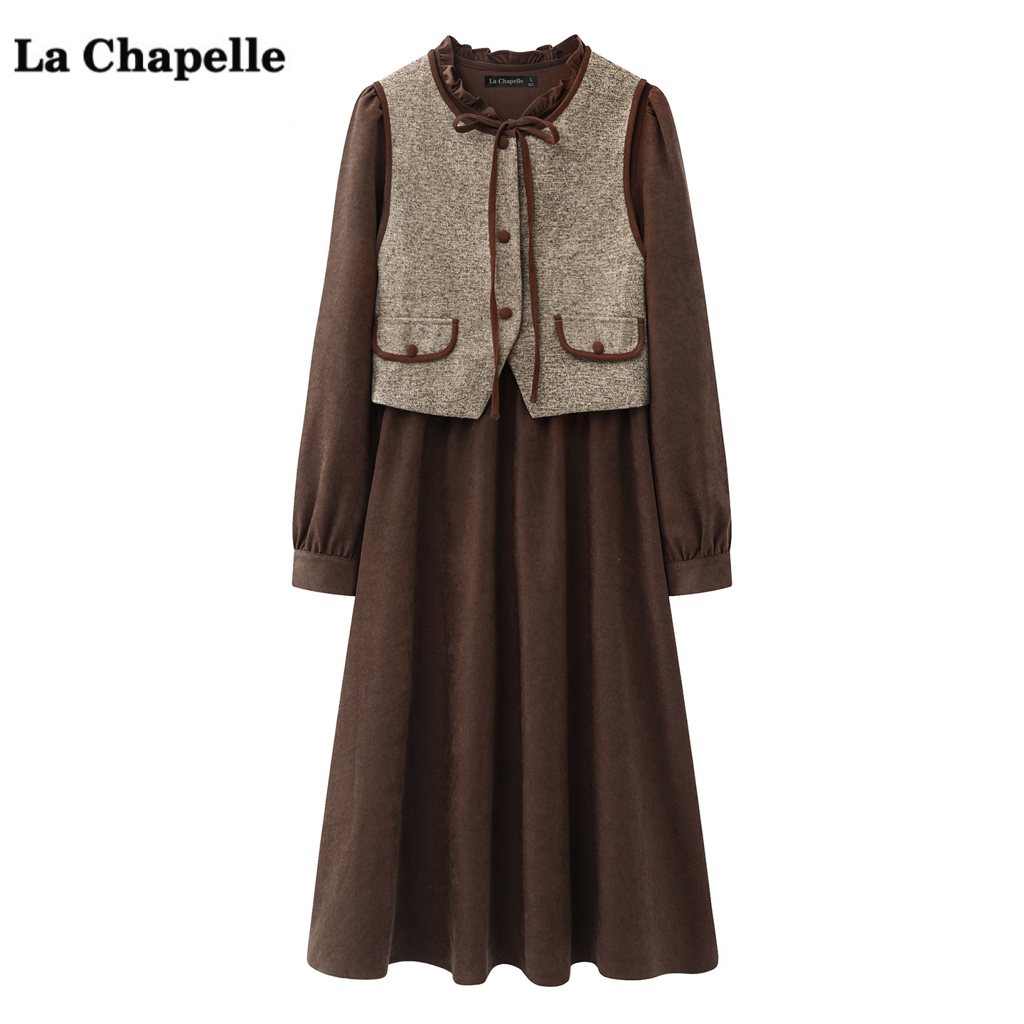 拉夏贝尔/La Chapelle马甲长袖连衣裙两件套女秋冬季新款时尚套装