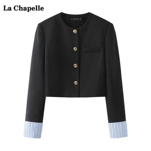 新款 拉夏贝尔 Chapelle黑色小香风外套女春季 上衣 圆领百搭短款