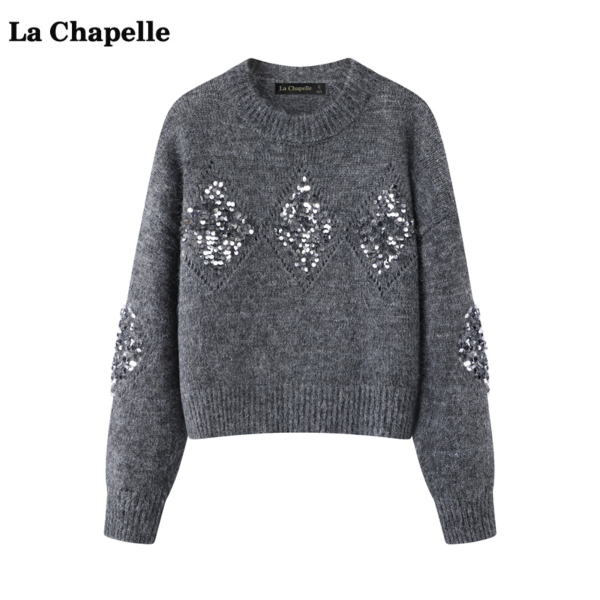 拉夏贝尔/La Chapelle灰色亮片针织衫女春季新款宽松圆领毛衣上衣