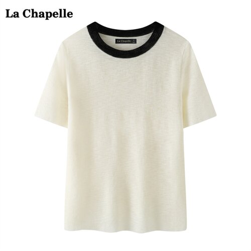 拉夏贝尔/La Chape冰丝撞色针织衫女夏季新款休闲宽松短袖T恤上衣