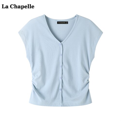 拉夏贝尔/La Chapelle打褶收腰小飞袖T恤女夏新款气质V领显瘦上衣