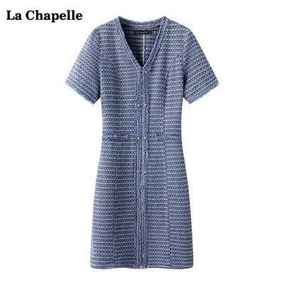 拉夏贝尔LaChapelle小香风牛仔连衣裙女夏新款V领中长款短袖裙子
