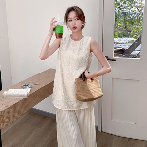 米白色蕾丝拼接连衣裙女2025夏季新款法式气质高级感无袖背心长裙图片