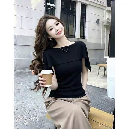 韩系设计感斗篷式一字领T恤女修身显瘦气质假两件淑女短袖上衣夏