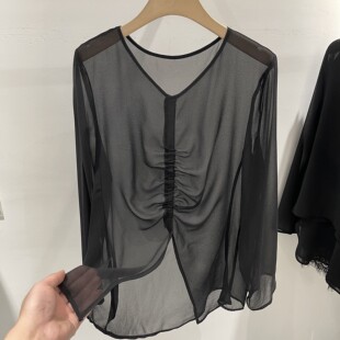 中长款V领褶皱开叉雪纺衫长袖女2026夏季新款轻薄性感防晒衫上衣