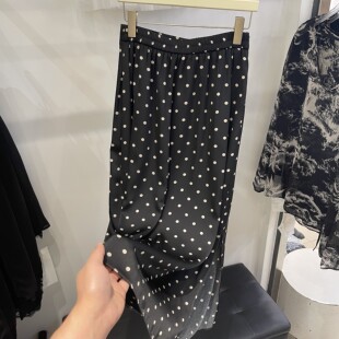 黑色波点半身裙女松紧腰中长款直筒裙醋酸缎面垂感裙