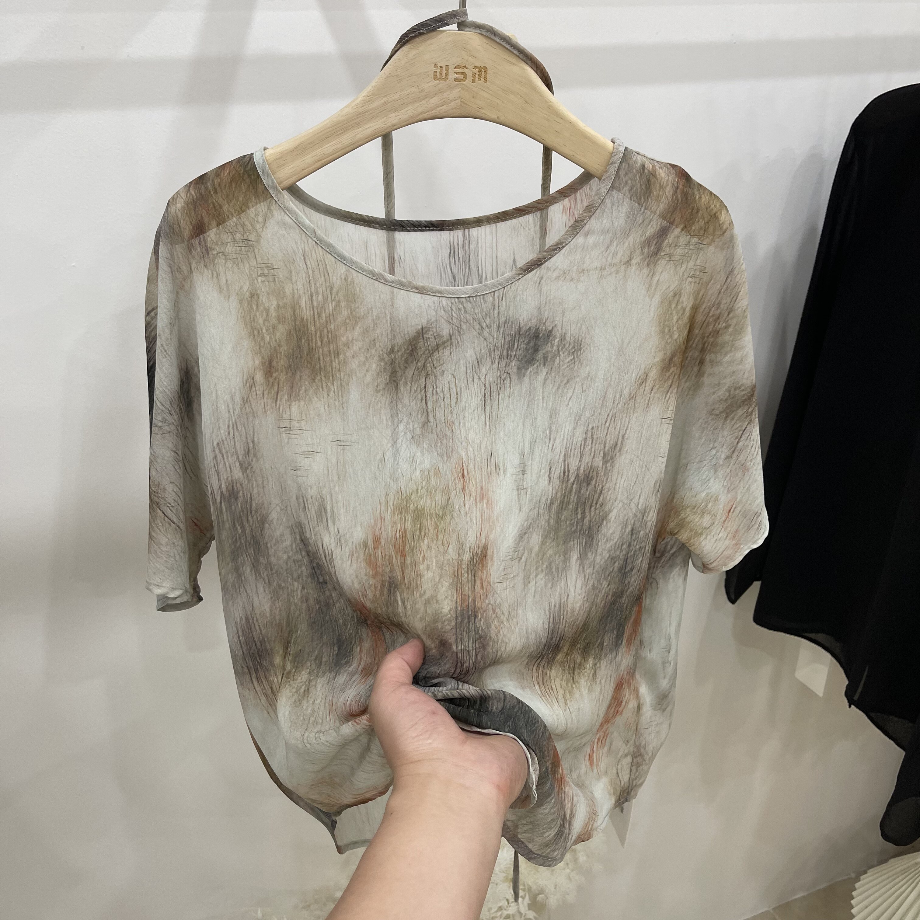 水墨风扎染系带短袖T恤女宽松