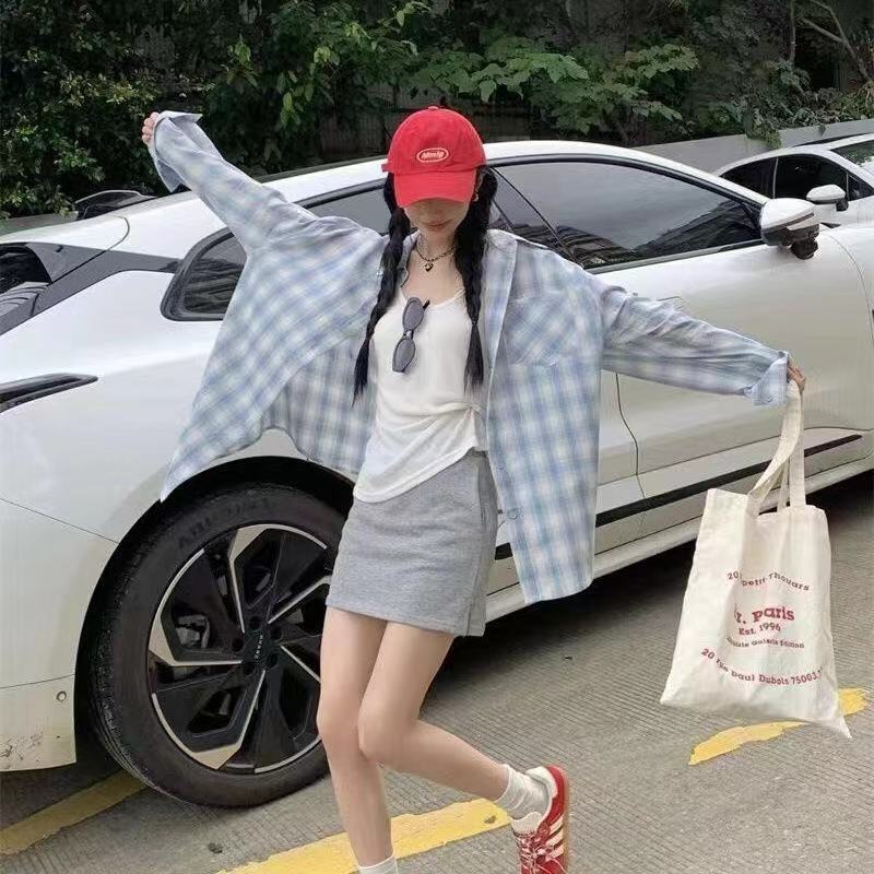 韩系蓝色格子防晒衬衫女士宽松
