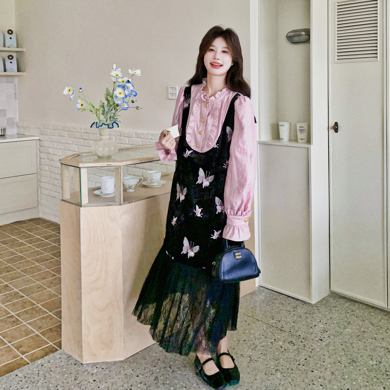 【26新款】刺绣蝴蝶假两件裙连衣裙C155-8805-P155控248,女装套装/套裙,2C155
