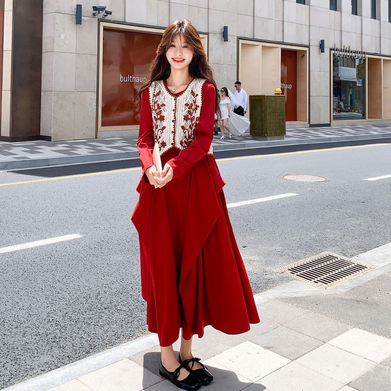 【档口】高品质钩花马甲+红色气质连衣裙C155-825-P175控258,女装套装/套裙,2C155
