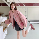 甜美减龄撞色拼接立领外套女2025秋季超火减龄学院风宽松休闲夹克，女装套装/套裙，2C155
