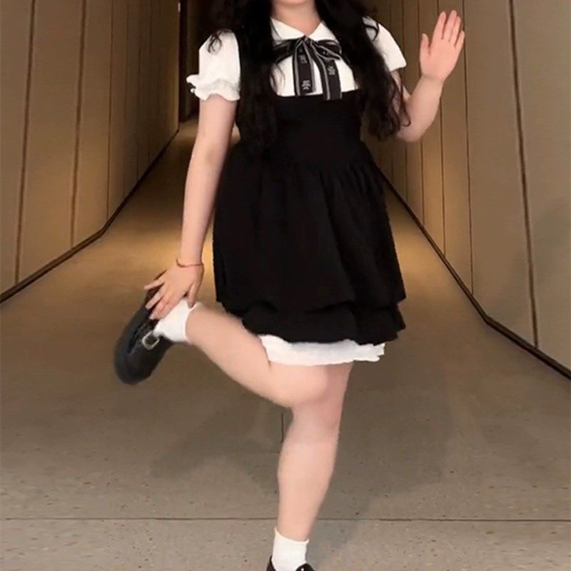 学院风韩版假两件连衣裙夏季大码连衣裙
