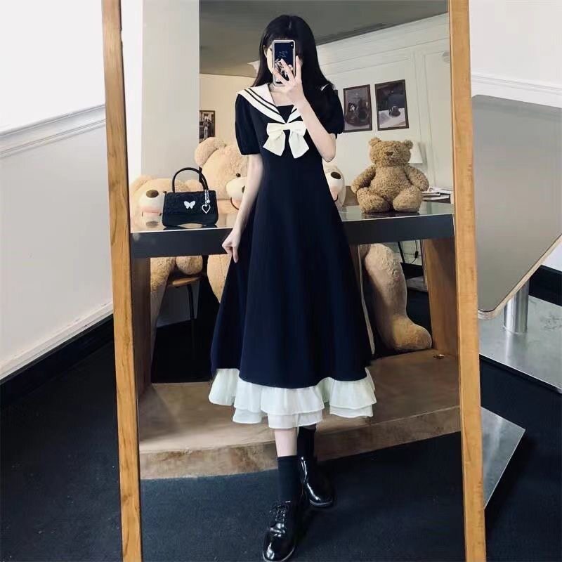 大码女装甜美减龄海军领连衣裙女夏胖妹妹mm法式超仙气桔梗中长裙