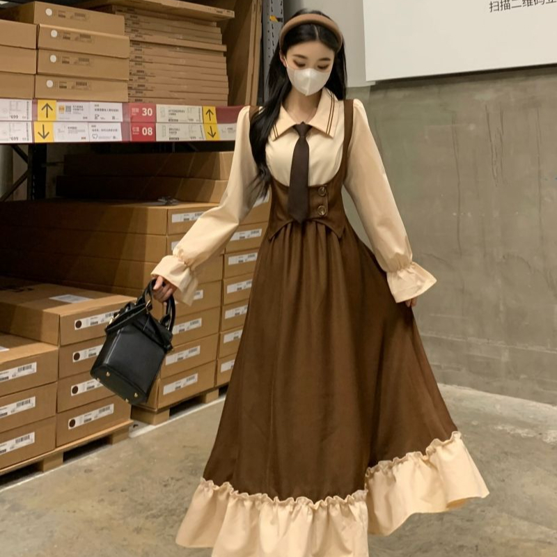 大码胖妹妹美拉德假两件长袖连衣连衣裙
