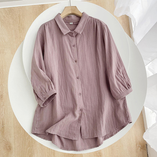 休闲复古舒适宽松上衣短袖 新 女七分袖 文艺小清新纯色双层棉纱衬衫