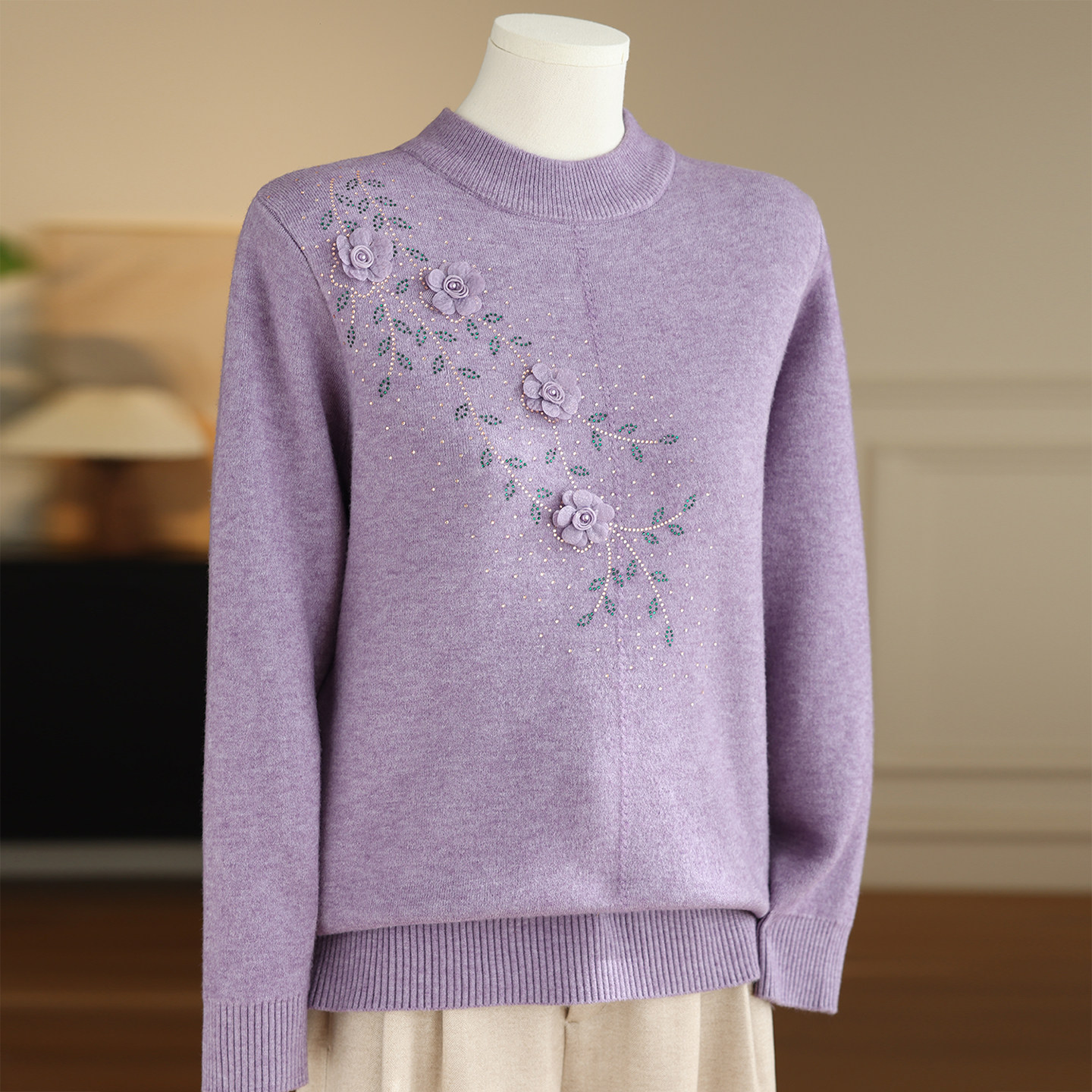 加绒加厚毛衣半高领套头2025年冬季厚款花朵图案针织衫新年妈妈装,女装/女士精品,中老年女装,淘宝优惠券,粉丝福利购,淘宝优惠卷
