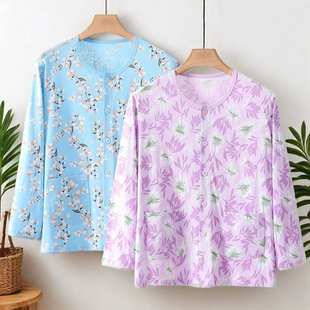 长袖 空调衫 开衫 宽松妈妈对襟家居服大码 睡衣女夏季 中老年纯棉薄款