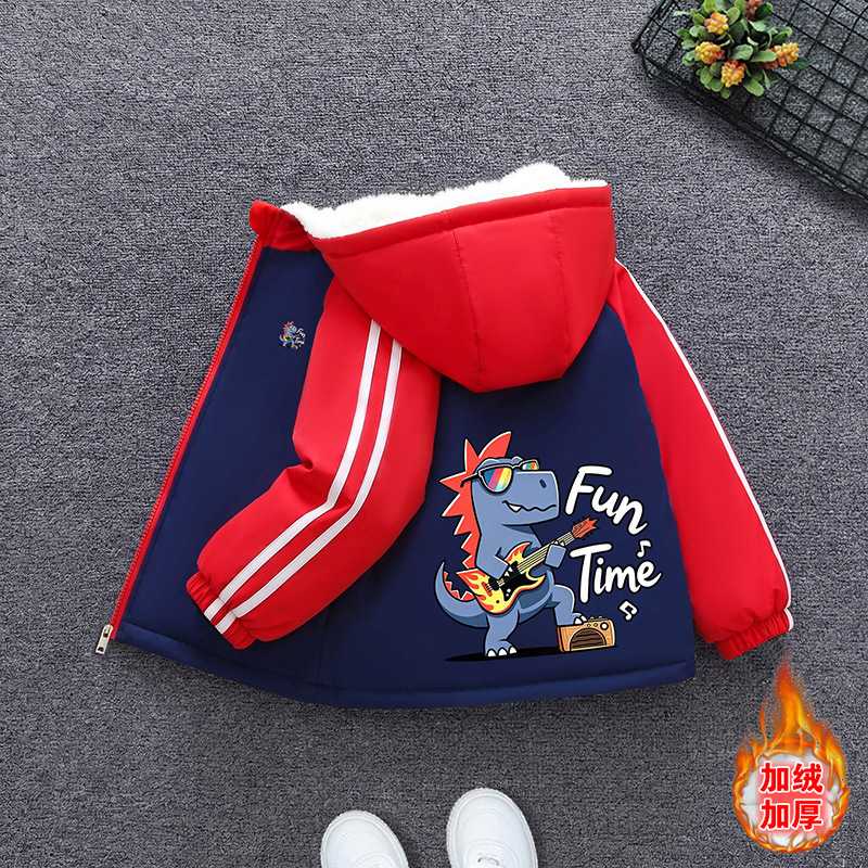 秋冬款男童加绒加厚外套连帽恐龙印花棉服中大童吉他图案保暖上衣