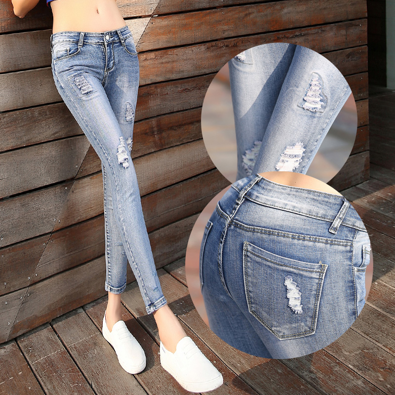 2021 new style spring and summer low waist nine point hole fashion pencil Leggings jeans childrens body decoration show thin