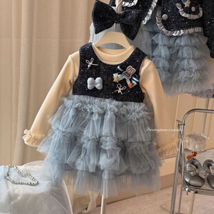 大小卷冬款加绒女童打底背心纱裙两件套兔子警长网纱裙新年公主裙