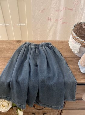 大小卷女童牛仔裤夏季天丝棉宽松阔腿裤子复古洋气宝宝休闲32755