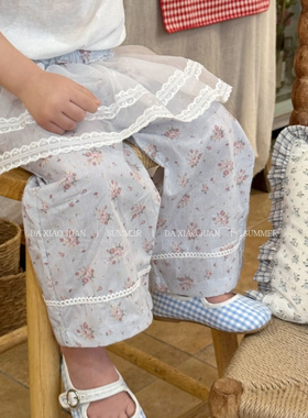 大小卷女童碎花直筒裤纯棉蕾丝屁帘九分裤宝宝夏天休闲裤子52232