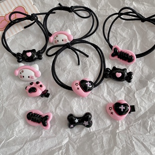 卡通甜酷辣妹猫咪小发夹弹力扎头绳发圈可爱骨头爱心发绳卡子发饰