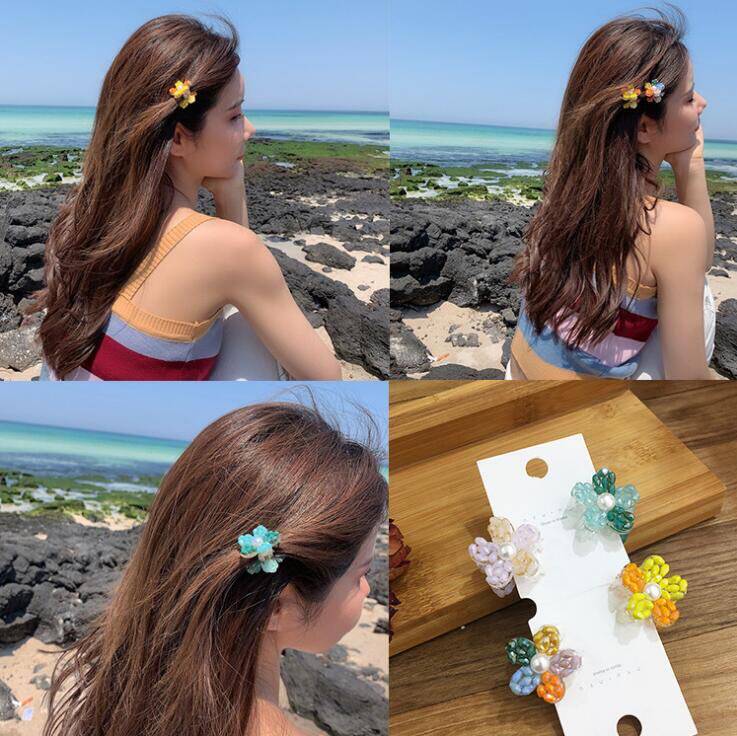 甜美新款可爱彩虹色水晶花朵抓夹韩国泫雅风发夹发卡边夹头饰心