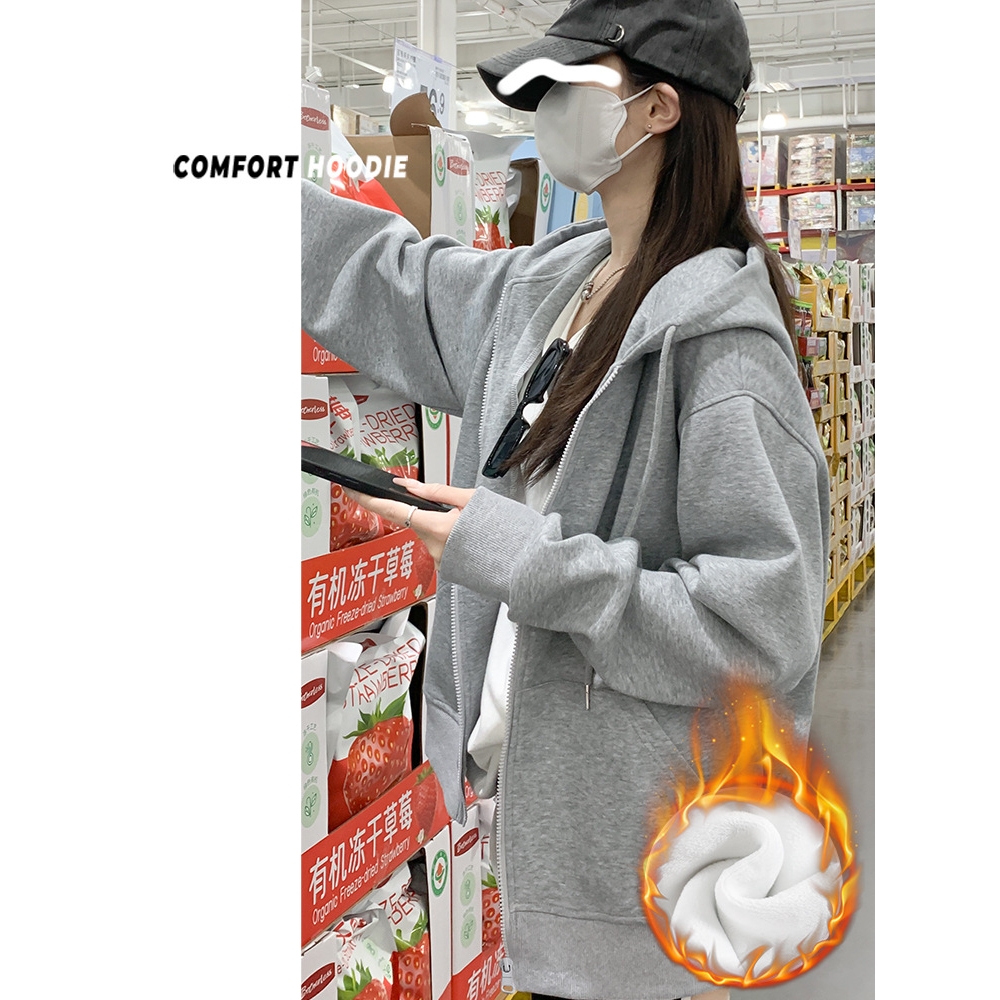 德国进口灰色连帽卫衣女秋冬加绒加厚2025新款宽松美式慵懒风韩系