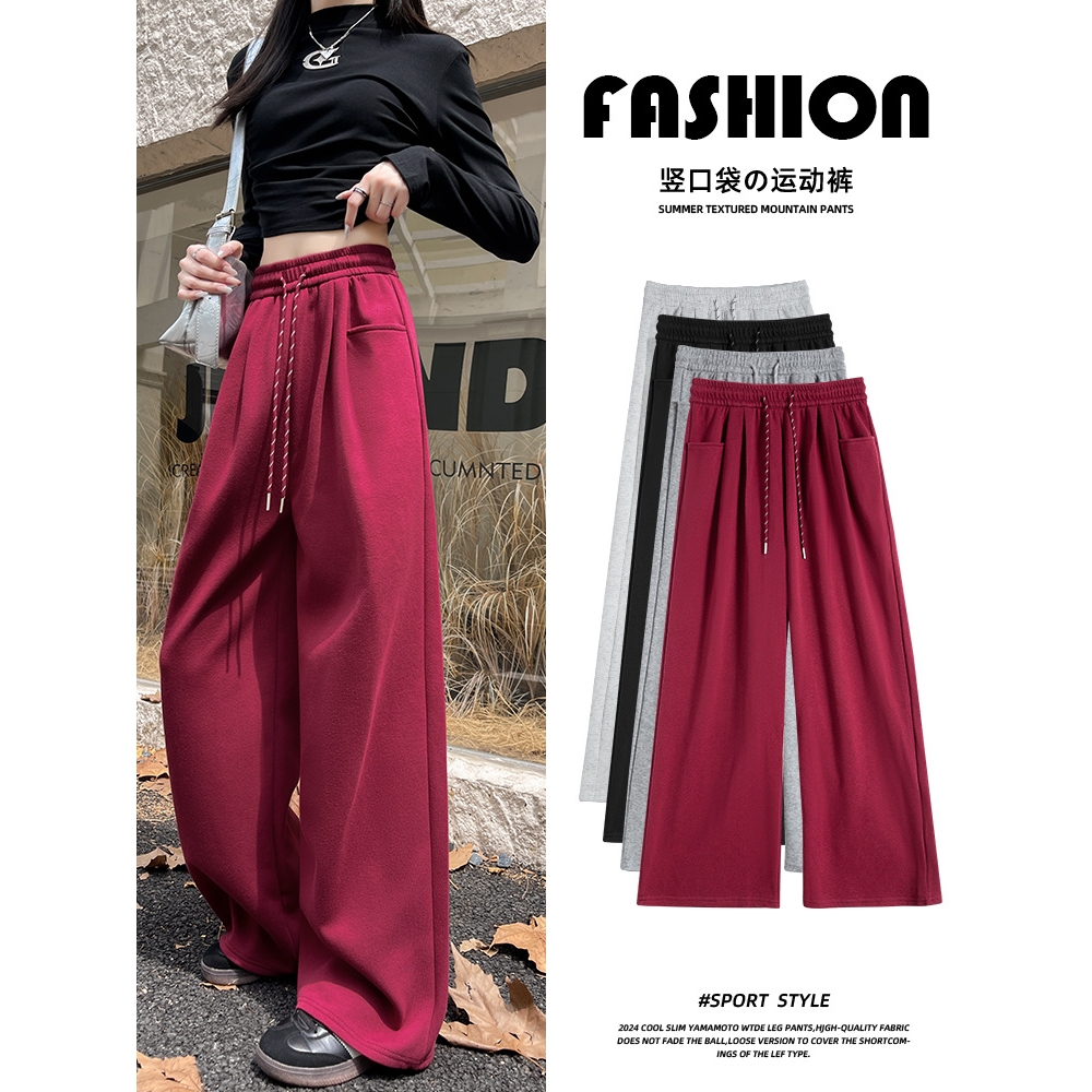 德国进口安可拉红运动裤女2025新款春秋冬季加绒卫裤松弛感宽松高