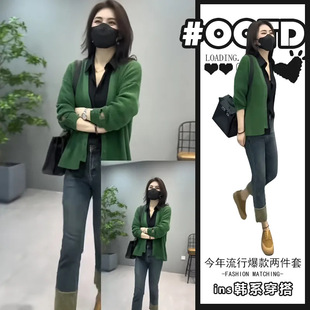 胖东来单件/港风显瘦穿搭女小心机独特绿色开衫针织外套高腰拼色