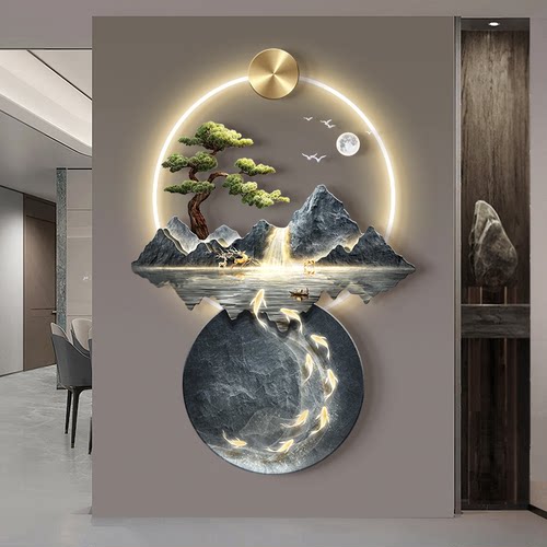 流水生财入户玄关装饰画新中式走廊过道挂画大气山水画高档壁灯画