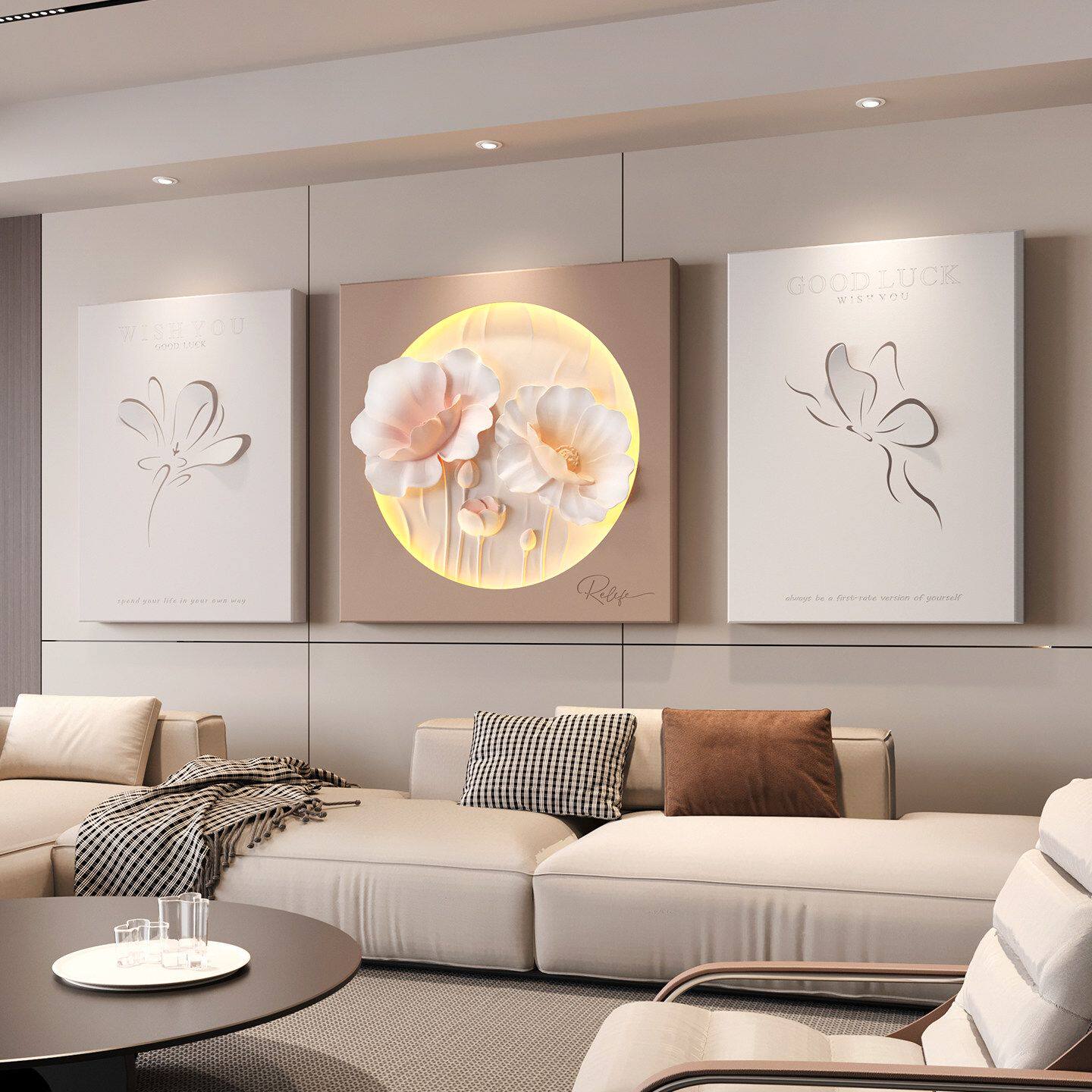 福雕艺家3D高级花卉奶油客厅沙发背景墙装饰画简约浮雕挂画三联画