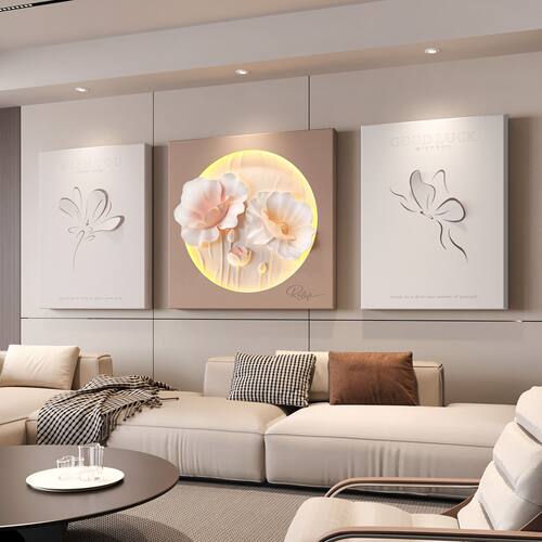 福雕艺家3D高级花卉奶油客厅沙发背景墙装饰画简约浮雕挂画三联画