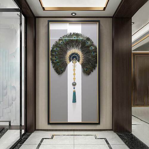 新中式入户玄关装饰画孔雀轻奢纯手工立体实物画走廊过道客厅挂画