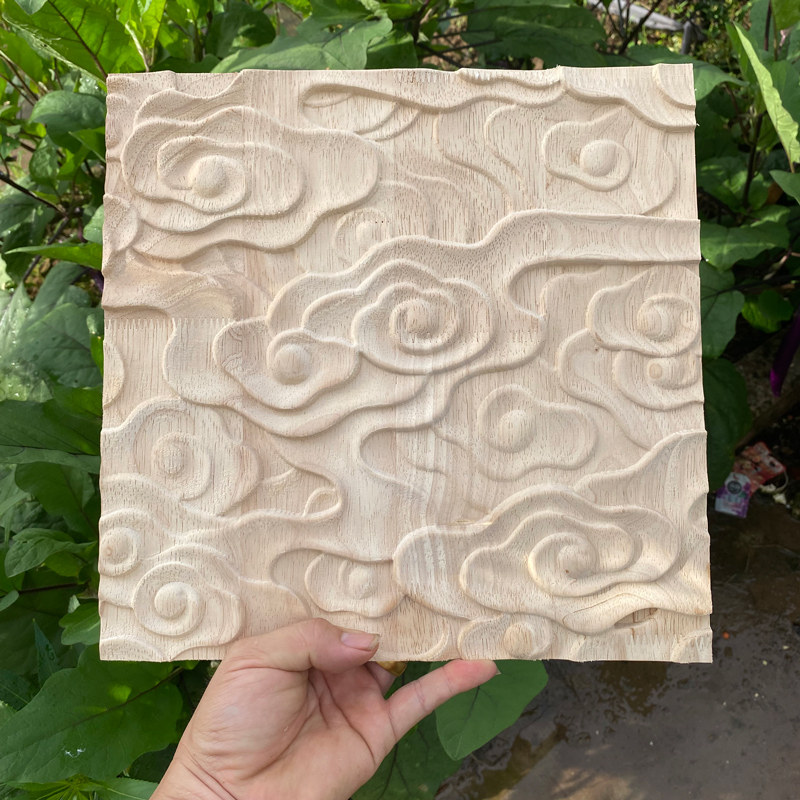 客厅东阳木雕花板新中式墙面实木装饰可拼接正方形浮雕墙贴祥云纹