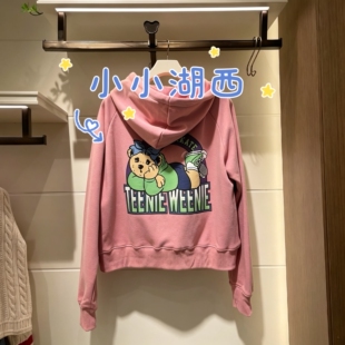 断码特价 小熊春秋款女士连帽长袖卫衣短款廓形印花宽版型上衣