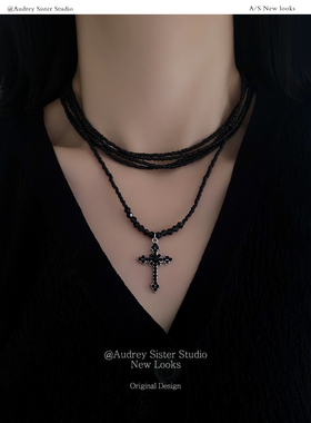 暗黑十字架多层串珠choker锁骨链