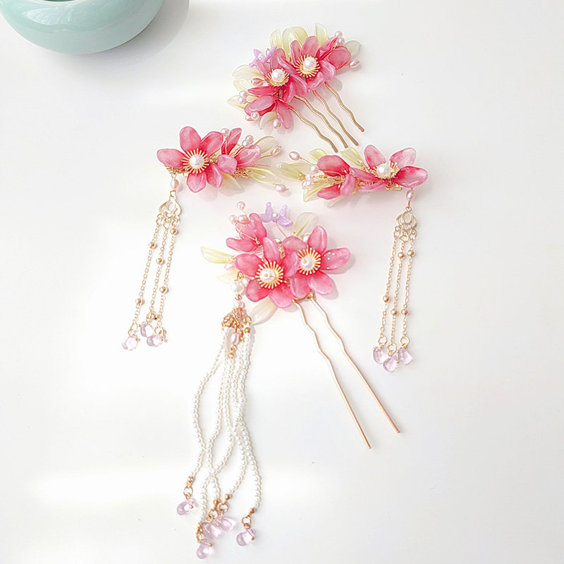古风汉服头饰绢花发饰套装古典花朵流苏发夹簪子古典唐服头花儿童