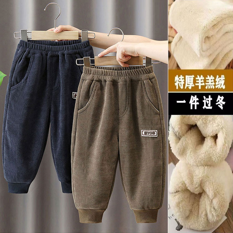 男童羊羔绒裤子秋冬款加绒加厚保暖灯芯绒外穿休闲宽松束脚运动裤