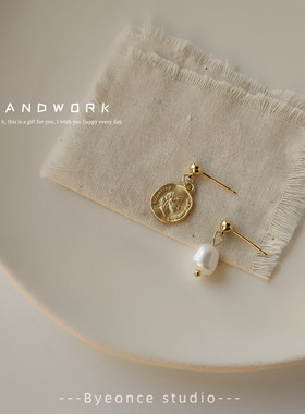 BO丨s925银针镀真金耳钉珍珠创意手工耳环AB款不对称巴洛克耳饰
