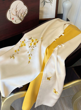 盘扣海棠花高档丝绸真丝刺绣围巾女桑蚕丝苏绣旗袍披肩丝巾春秋季