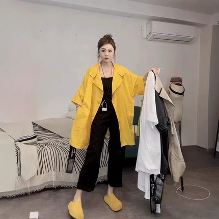 欧货微胖mm大码西装领防晒服外套女夏季时尚设计感中长款宽松衬衫