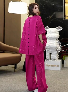 欧货大码微胖mm单排扣网红套装女夏季时尚亮闪闪高腰阔腿裤两件套