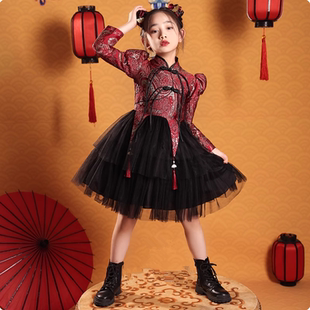 女童中国风新中式改良旗袍儿童红色幼儿演出走秀礼服女孩古风唐装