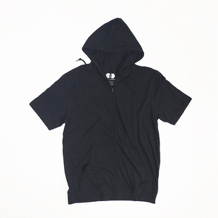 短袖黑色连帽卫衣T恤拉链开衫外贸原单薄款春夏帽衫大码休闲宽松