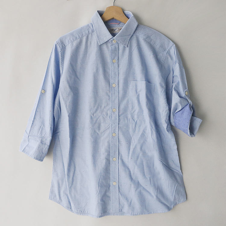 棉麻衬衫天蓝色日本单七分袖半袖卷袖翻领衬衫衬衣男装春夏季外贸