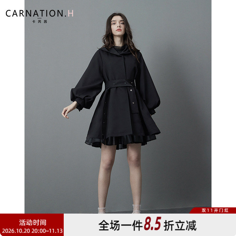 卡芮茜2026新款小个子黑色带帽秋装质感风衣外套女春秋中长款气质
