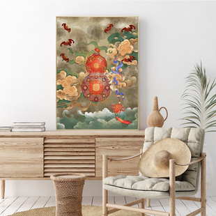 装 福禄吉祥葫芦好寓意油画客餐厅挂画入户正对门玄关新中式 饰壁画
